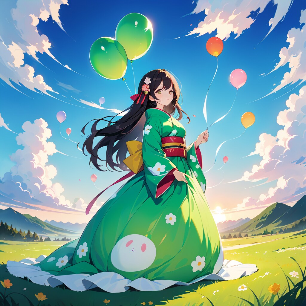 草原と同じ色の着物を着て風船遊びをする美女 | の人気AIイラスト・グラビア