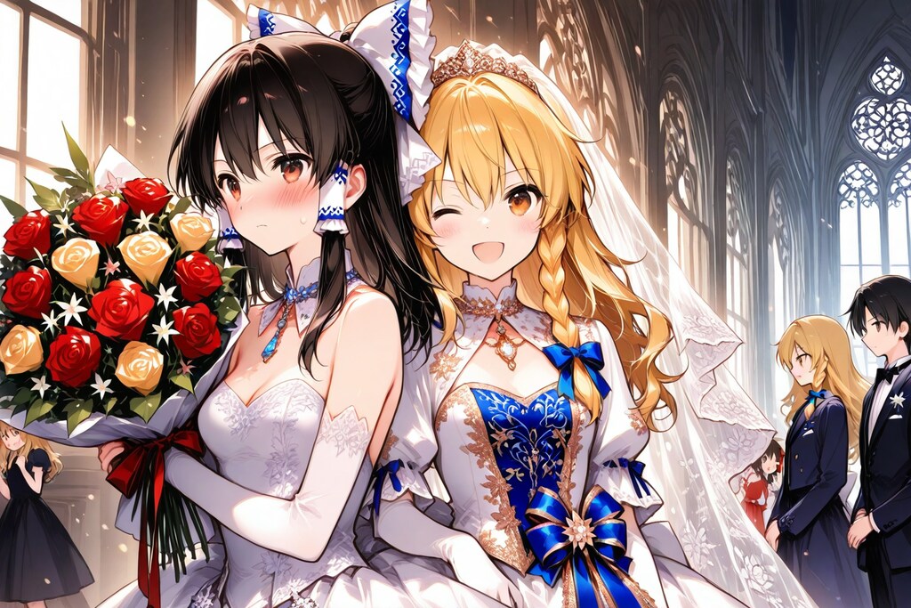 ウェディングドレスの霊夢と魔理沙