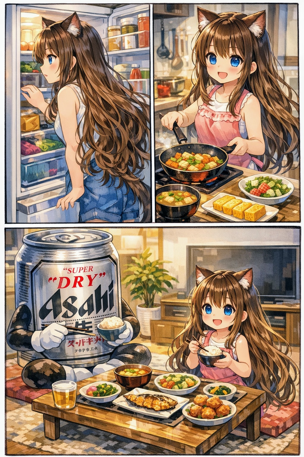 冷蔵庫の中を見て献立を決める小さな女の子