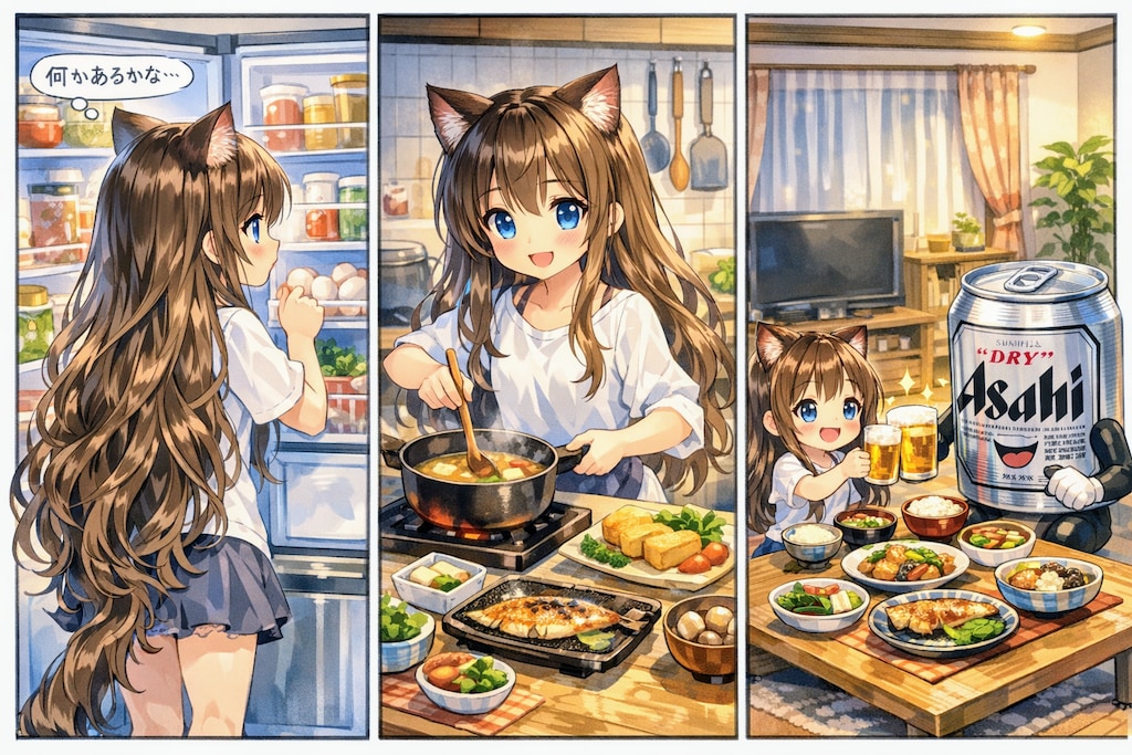 冷蔵庫の中を見て献立を決める小さな女の子