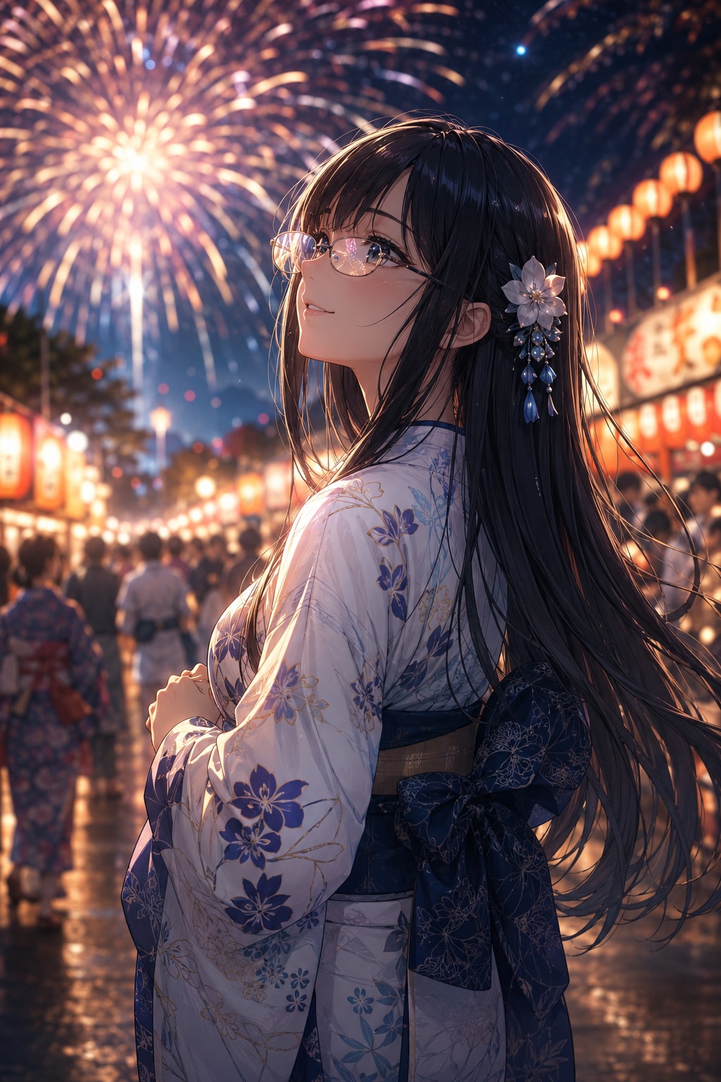 黒髪メガネ 夏祭り花火を見上げる