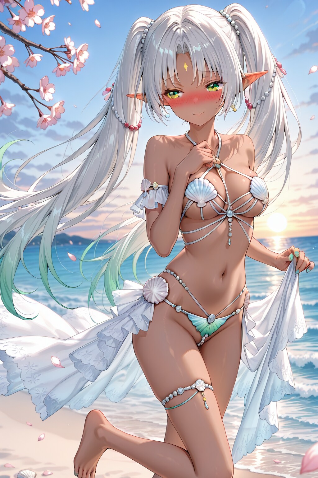 褐色エルフの貝殻水着
