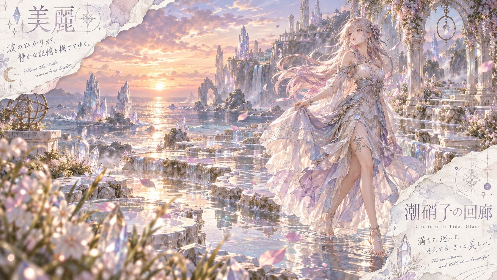 A crystal-clad wanderer stepping barefoot through tide pools of glass, a sunlit palace rising beyond | の人気AIイラスト・グラビア