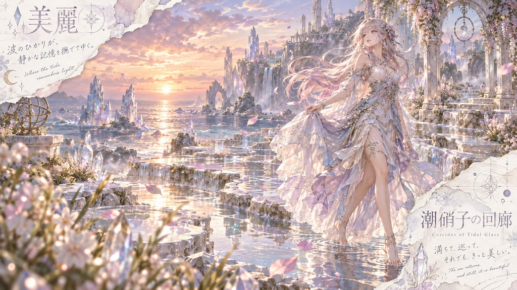 A crystal-clad wanderer stepping barefoot through tide pools of glass, a sunlit palace rising beyond