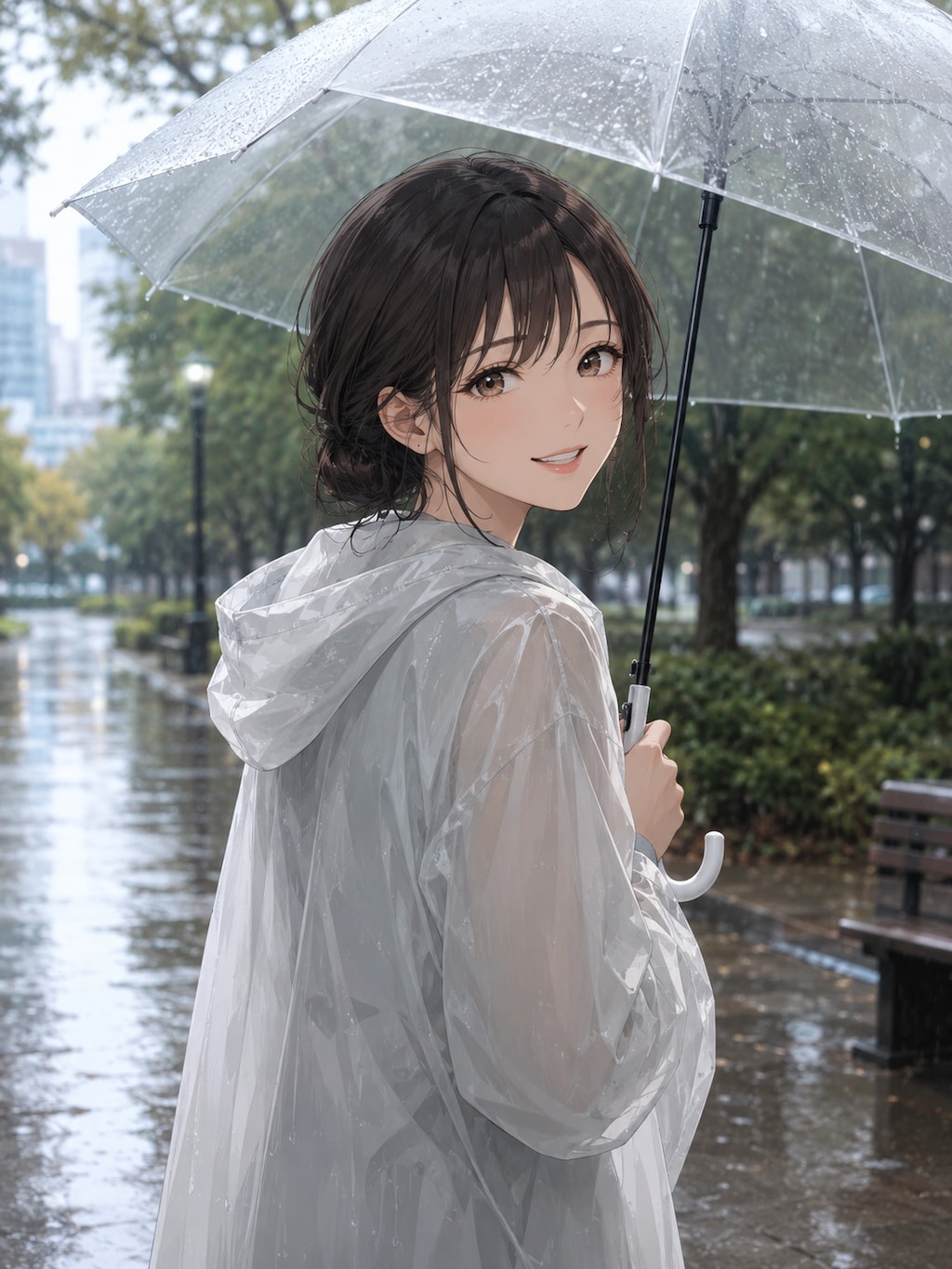 雨合羽の女性