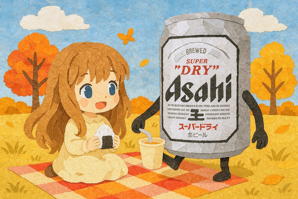 (貼り絵風)ピクニックのビール缶と小さな女の子