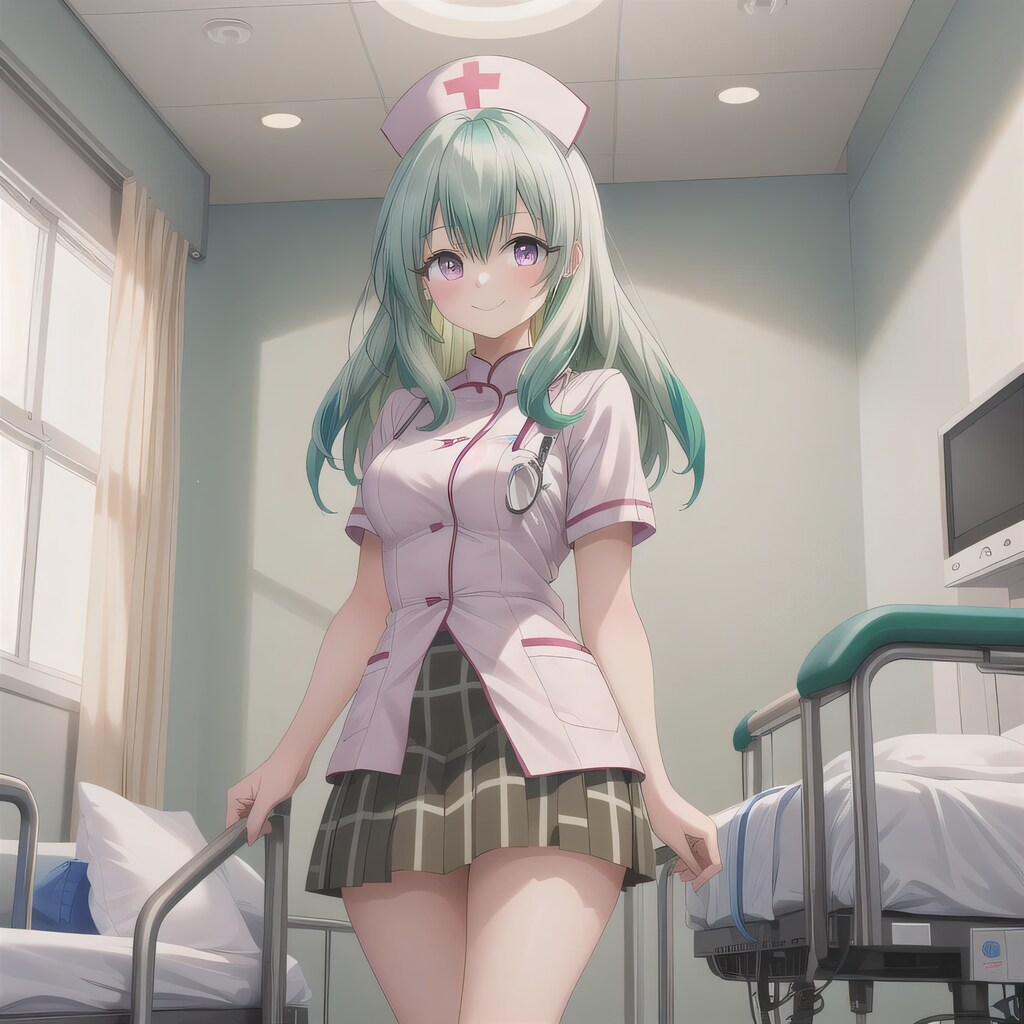 緑髪ロングで看護服の少女