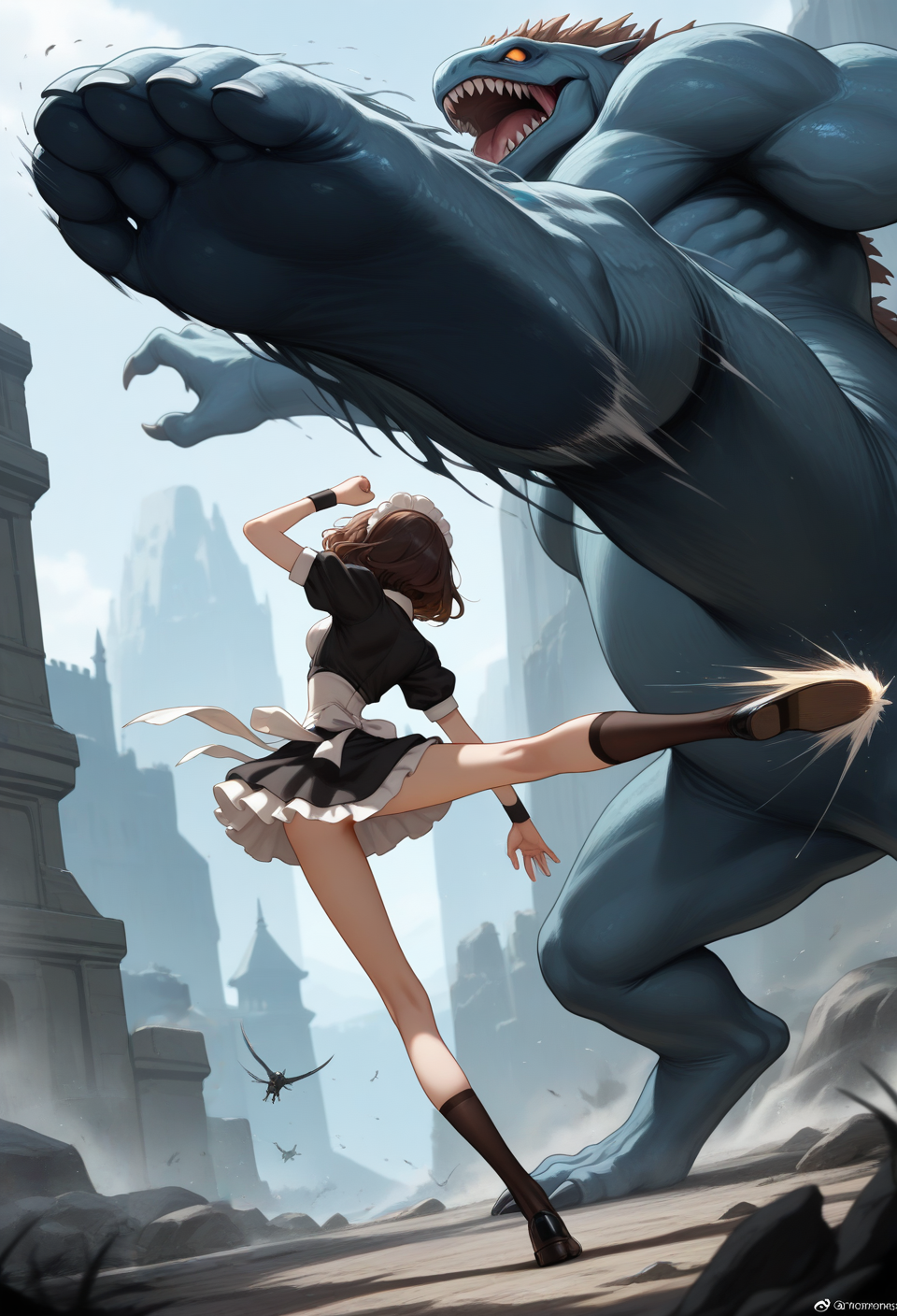 モンスターと肉弾戦するメイドさん