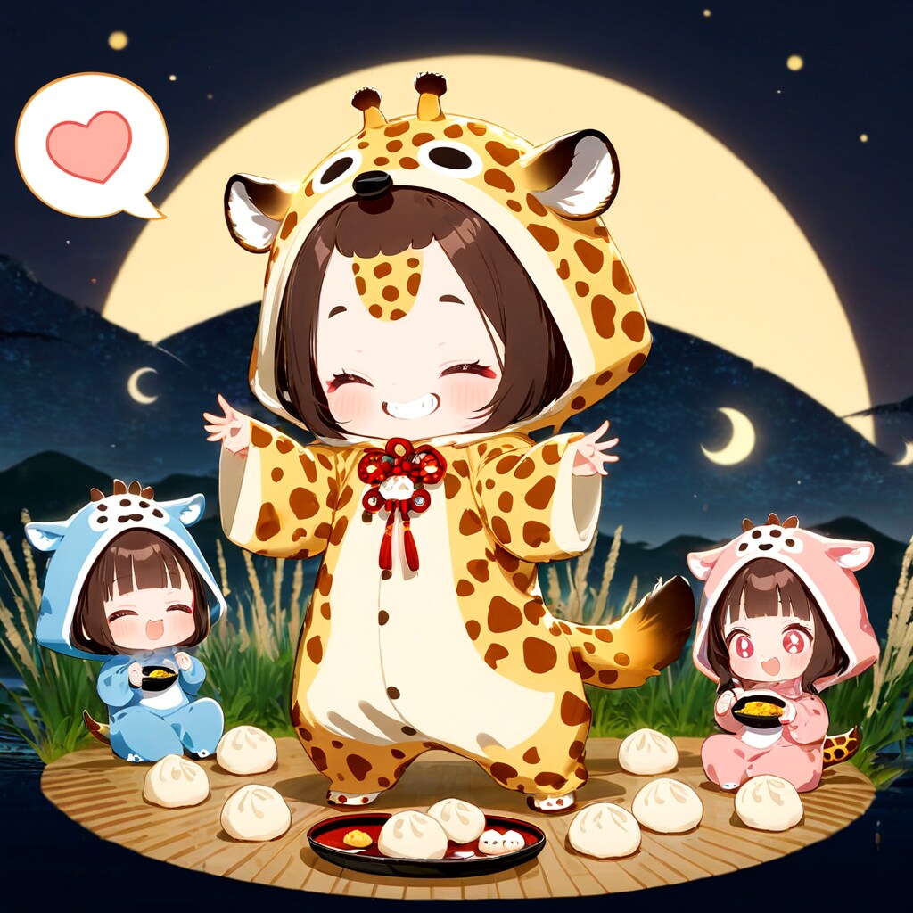 お月見するキリン着ぐるみちび子ちゃん