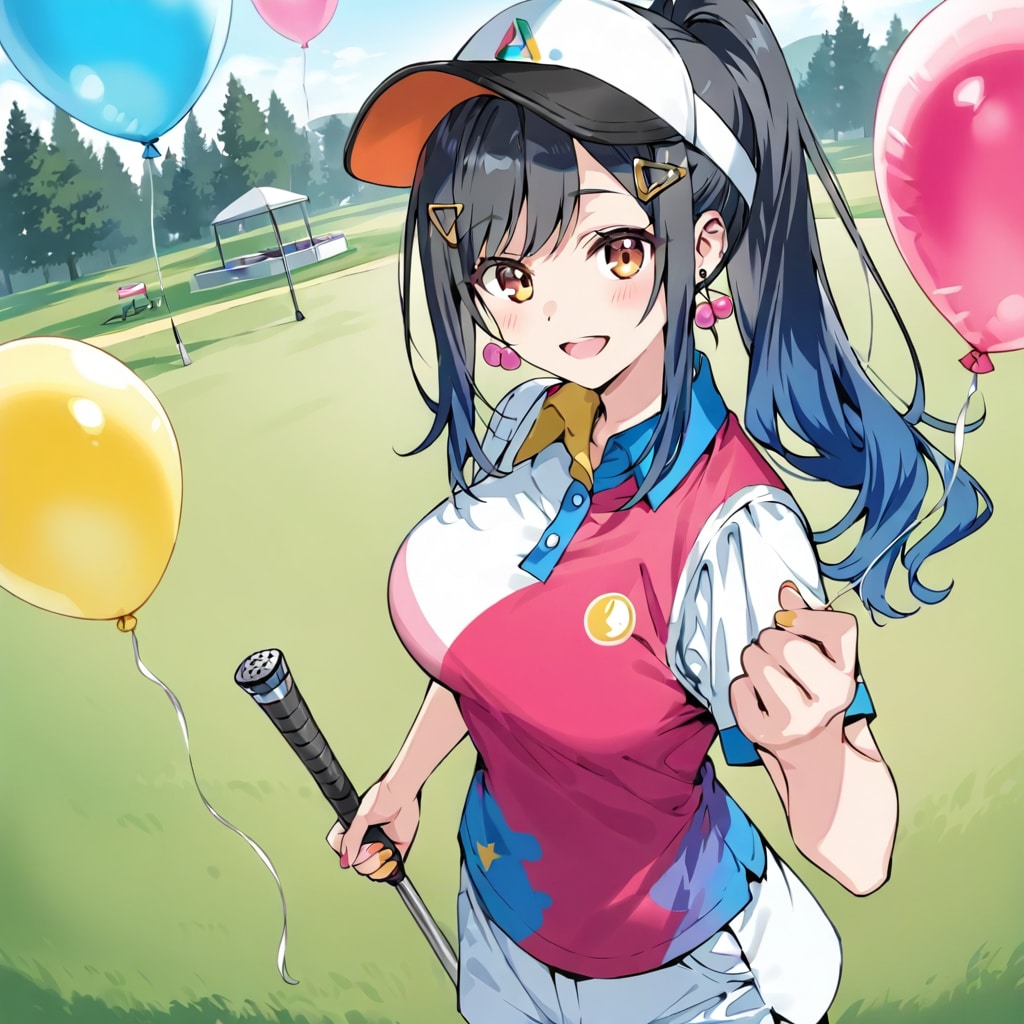 いっぱい色とりどりの風船を持つ黒髪ポニーテールのゴルフウェア着た美女