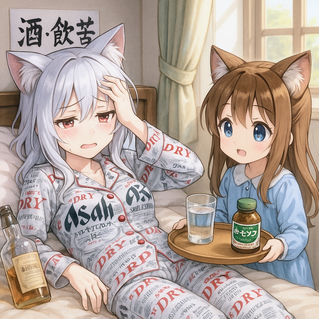 「酒・飲・苦」で二日酔いを相手する小さな女の子