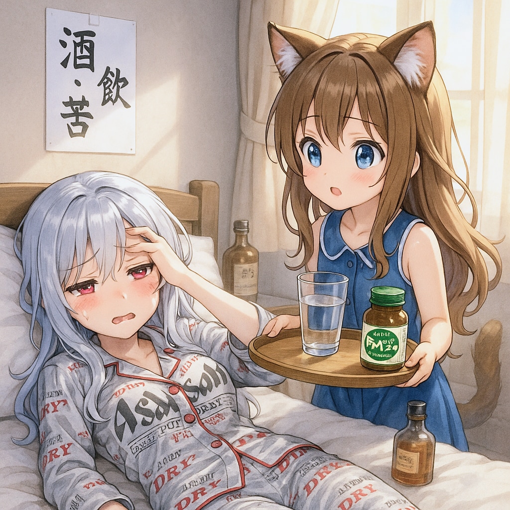 「酒・飲・苦」で二日酔いを相手する小さな女の子 | の人気AIイラスト・グラビア