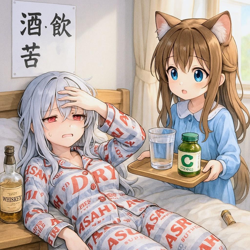 「酒・飲・苦」で二日酔いを相手する小さな女の子
