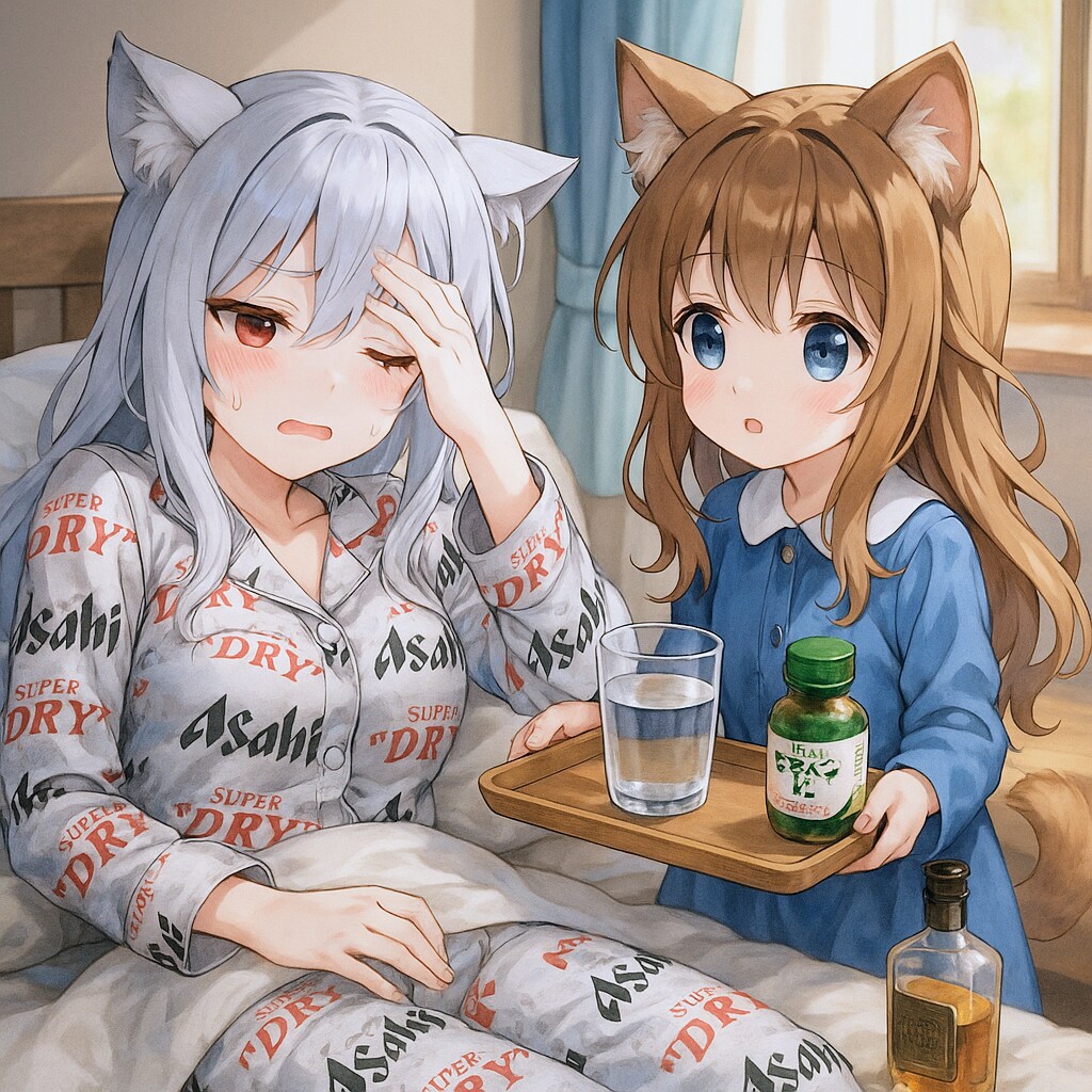 「酒・飲・苦」で二日酔いを相手する小さな女の子