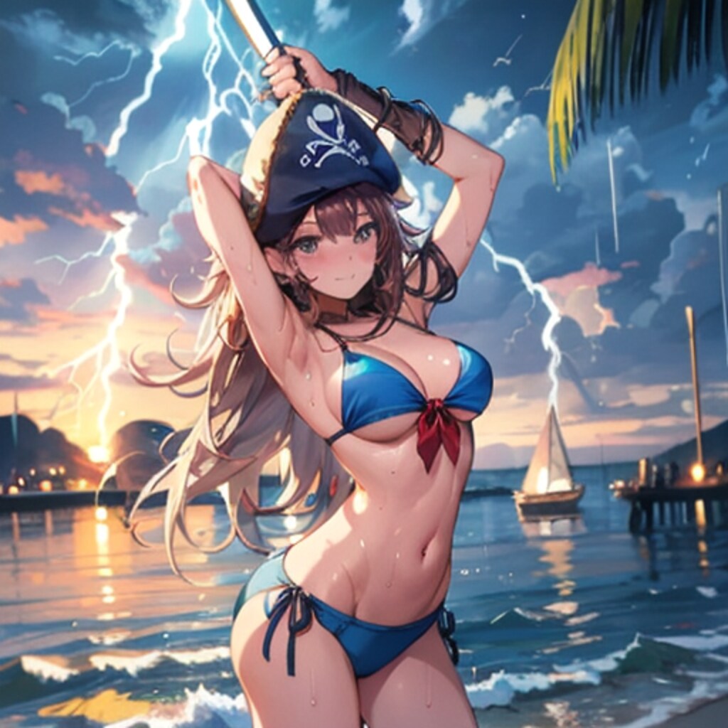 雷轟く海辺で海賊コスプレ250908