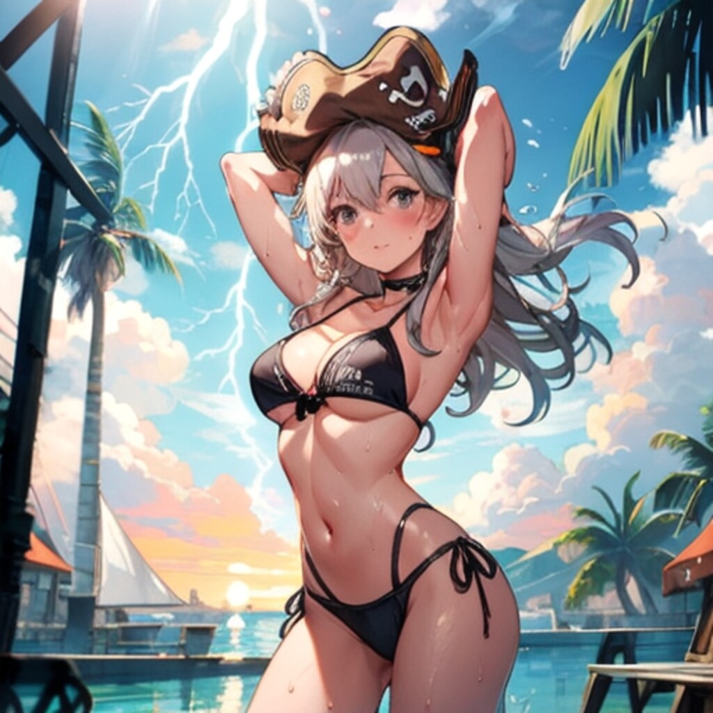 雷轟く海辺で海賊コスプレ250908