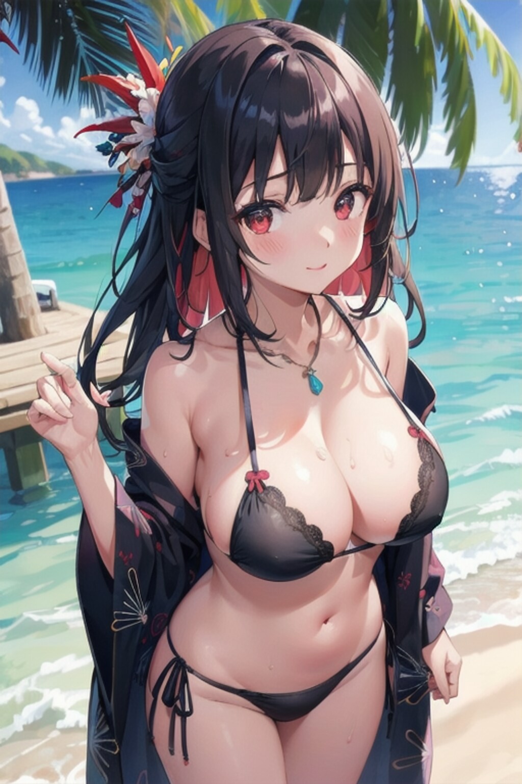 黒髪赤目の浴衣の下に水着