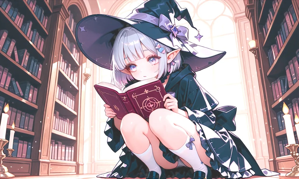 読書に夢中でパンチラに気付かない見習い魔女の子