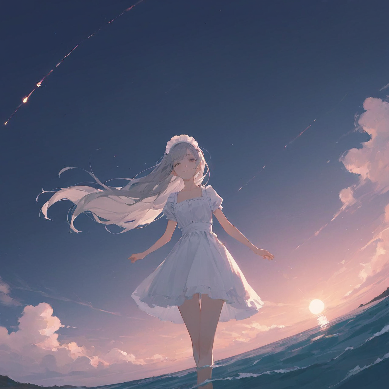 夕暮れの海とメイドさん