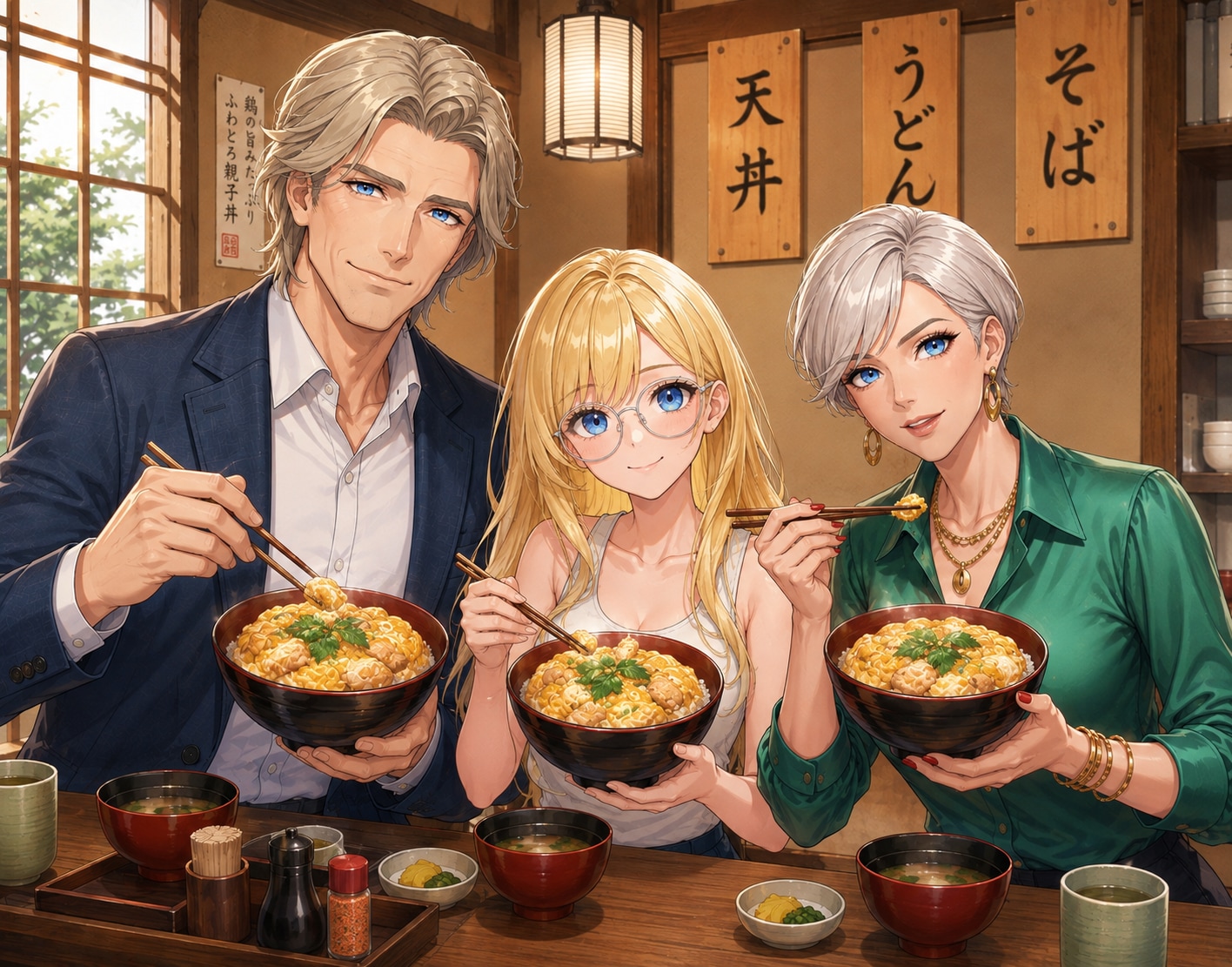 親子丼を食べるベーヴェルシュタム家