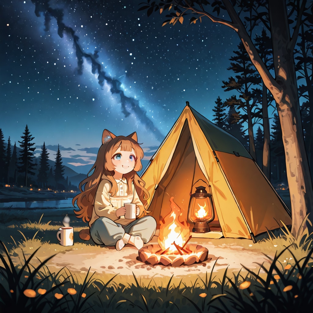 キャンプで星空を眺める小さな女の子