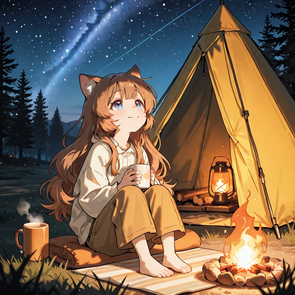 キャンプで星空を眺める小さな女の子