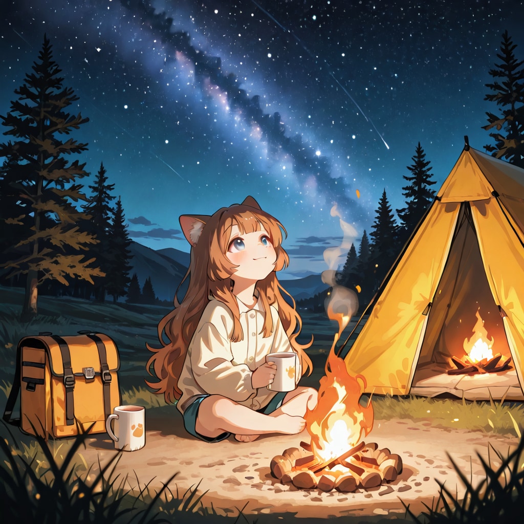 キャンプで星空を眺める小さな女の子