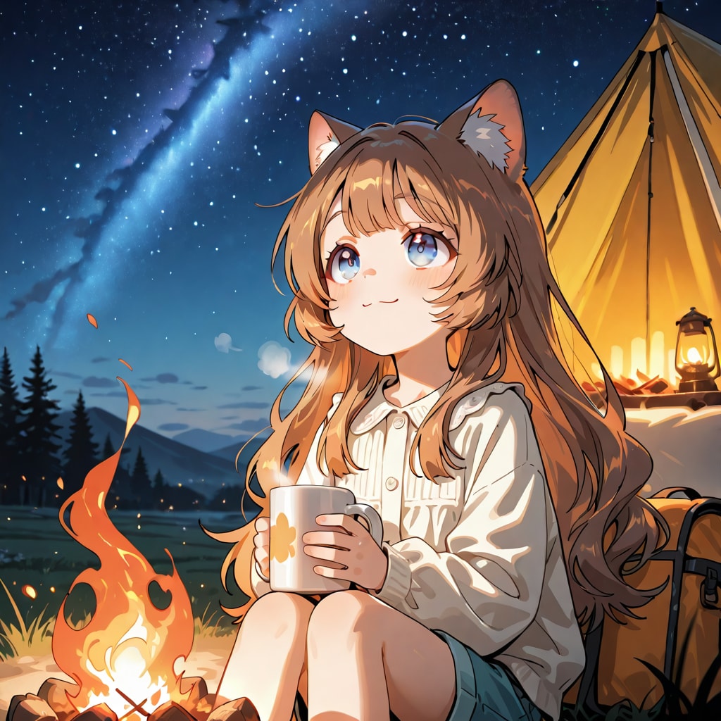 キャンプで星空を眺める小さな女の子