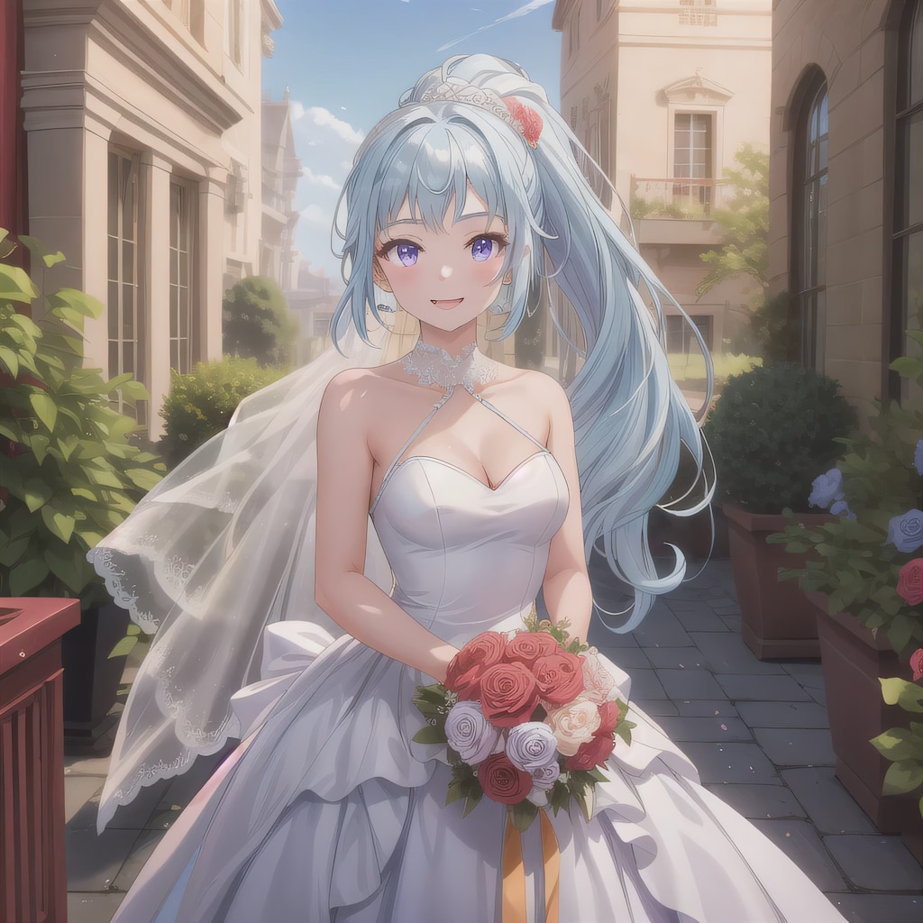 青髪ポニテでウェディングドレスの少女