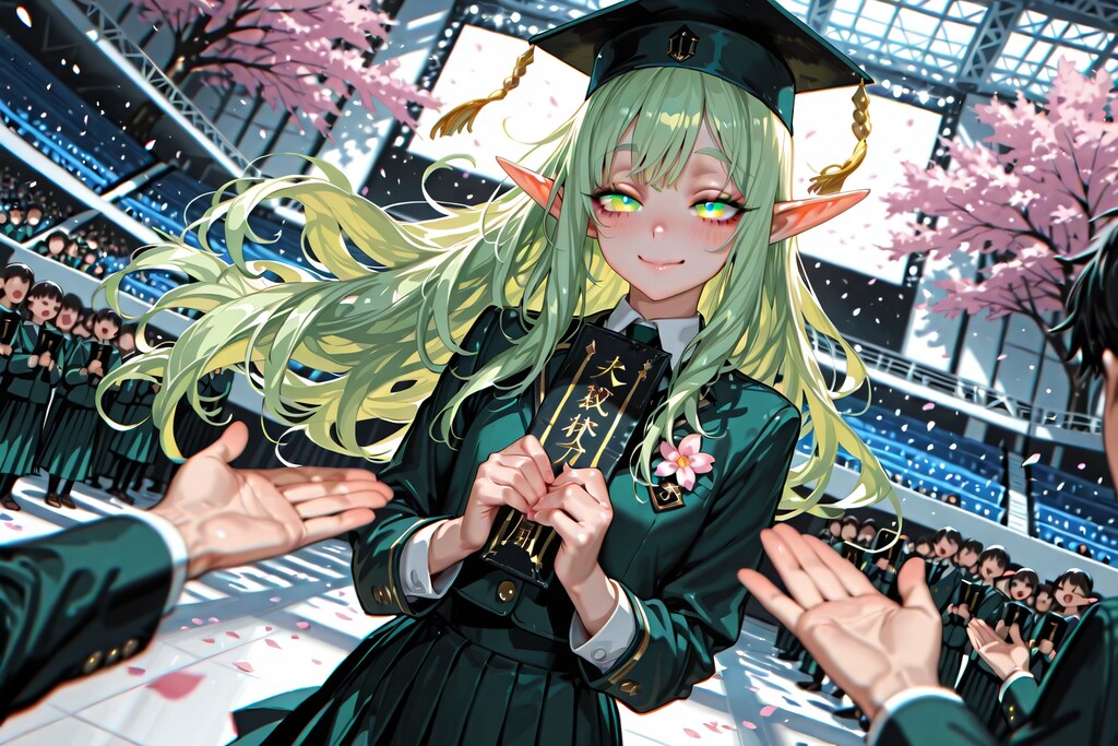 卒業するエルフの女の子