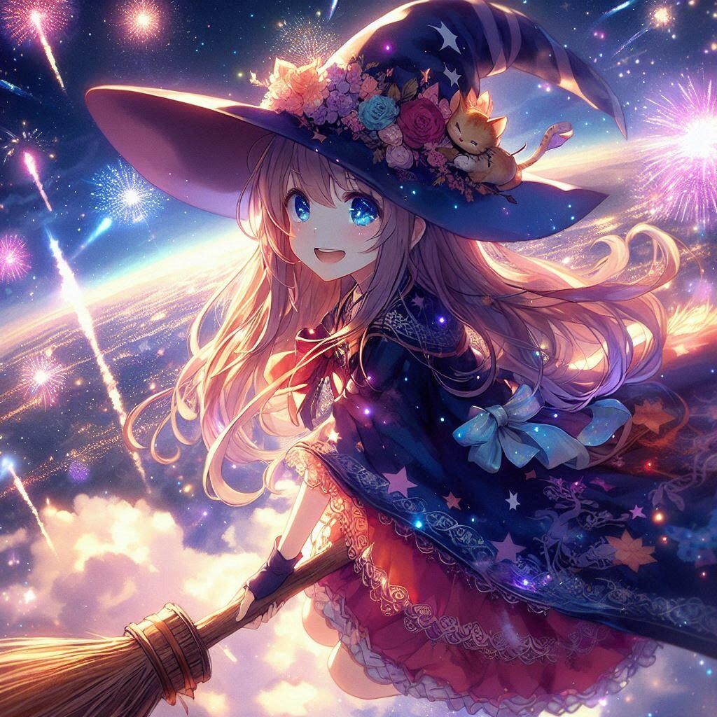 花火鑑賞する魔法少女と猫