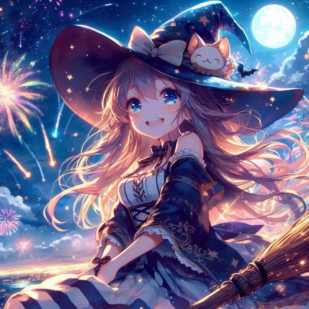 花火鑑賞する魔法少女と猫