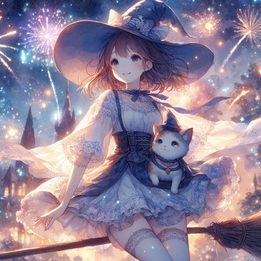 花火鑑賞する魔法少女と猫