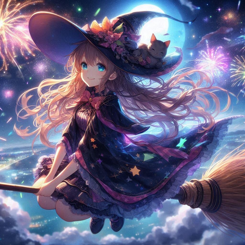 花火鑑賞する魔法少女と猫