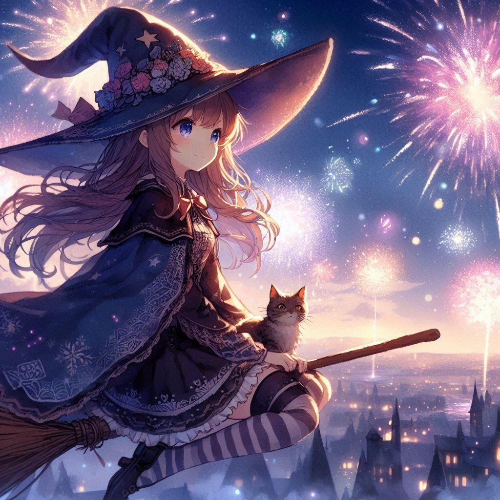 花火鑑賞する魔法少女と猫