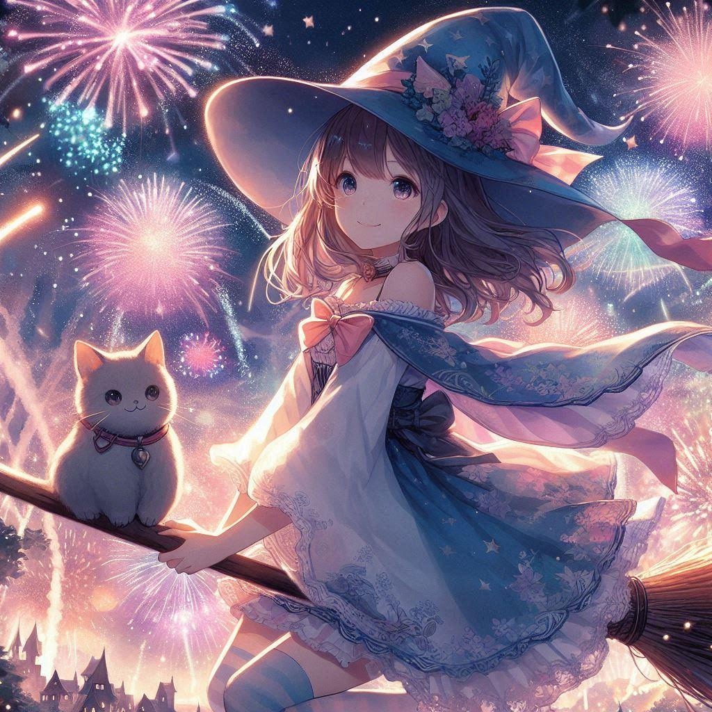 花火鑑賞する魔法少女と猫