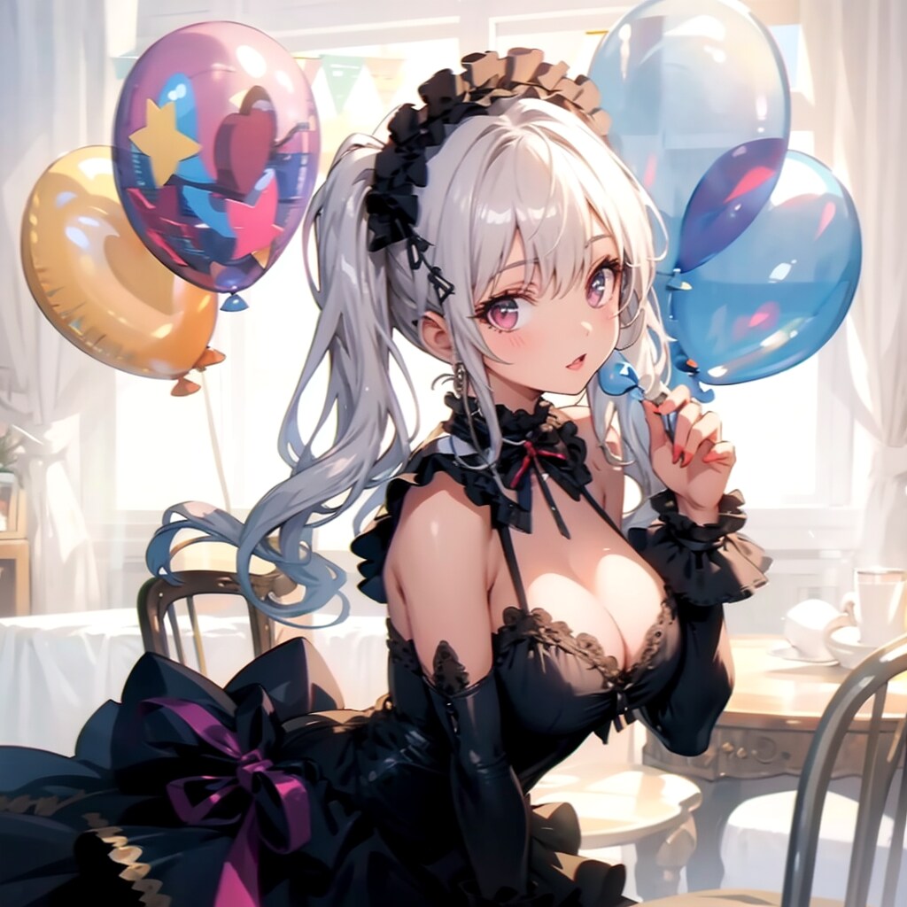 いっぱい色とりどりの風船を持つ白い髪ツインテールのゴスロリ衣装着た美女