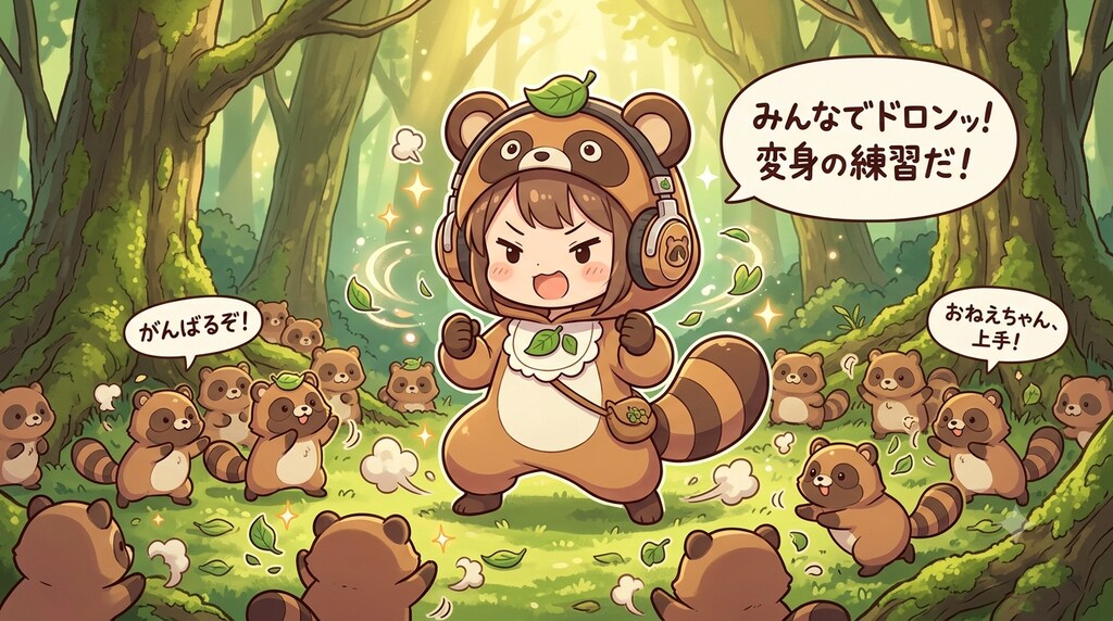 ヘッドフォンを付けたタヌキ娘が変身の練習💦１