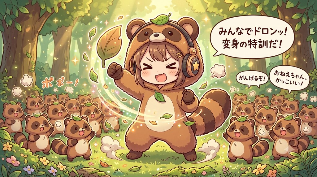 ヘッドフォンを付けたタヌキ娘が変身の練習💦１