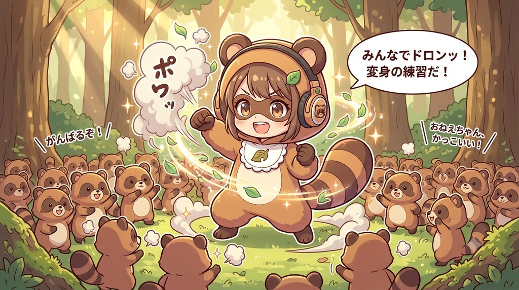 ヘッドフォンを付けたタヌキ娘が変身の練習💦１