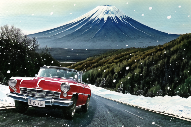 富士山を背に走る赤いオープンカー