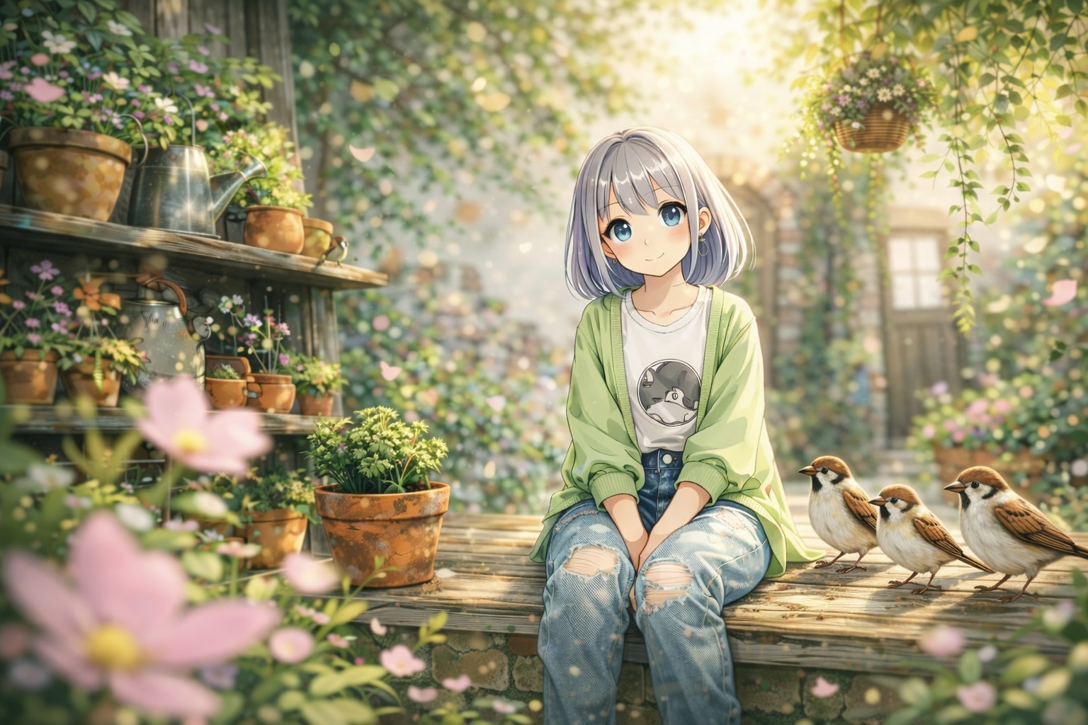 木漏れ日の庭で、雀とひと休み | の人気AIイラスト・グラビア