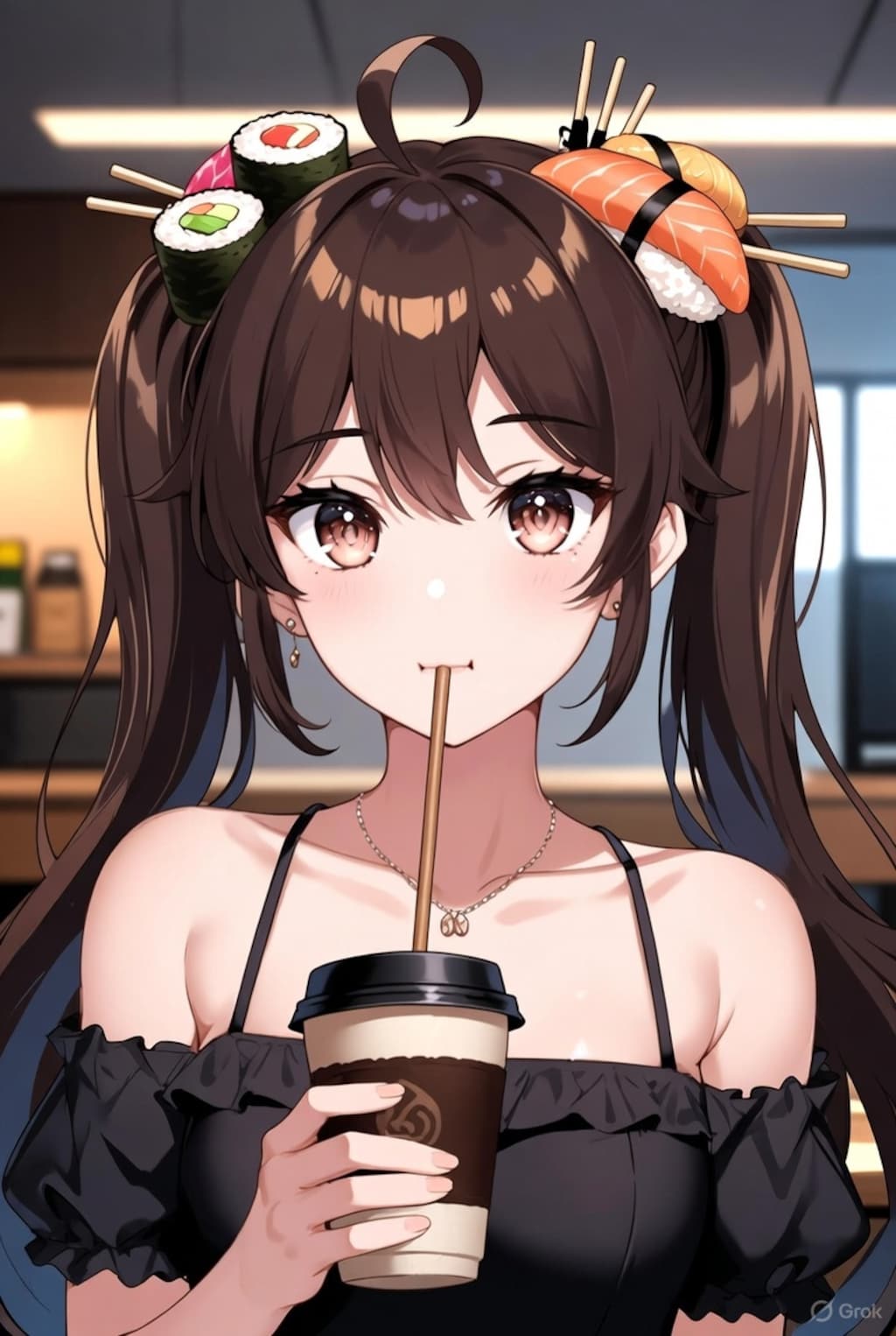 頭に寿司を乗せるのが流行する時代のコーヒータイムのツインテールの少女