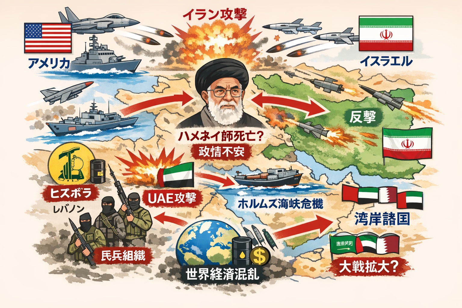 現在の中東にアメリカとイスラエルとイランの等のchatGPTの説明と考えは、 | の人気AIイラスト・グラビア