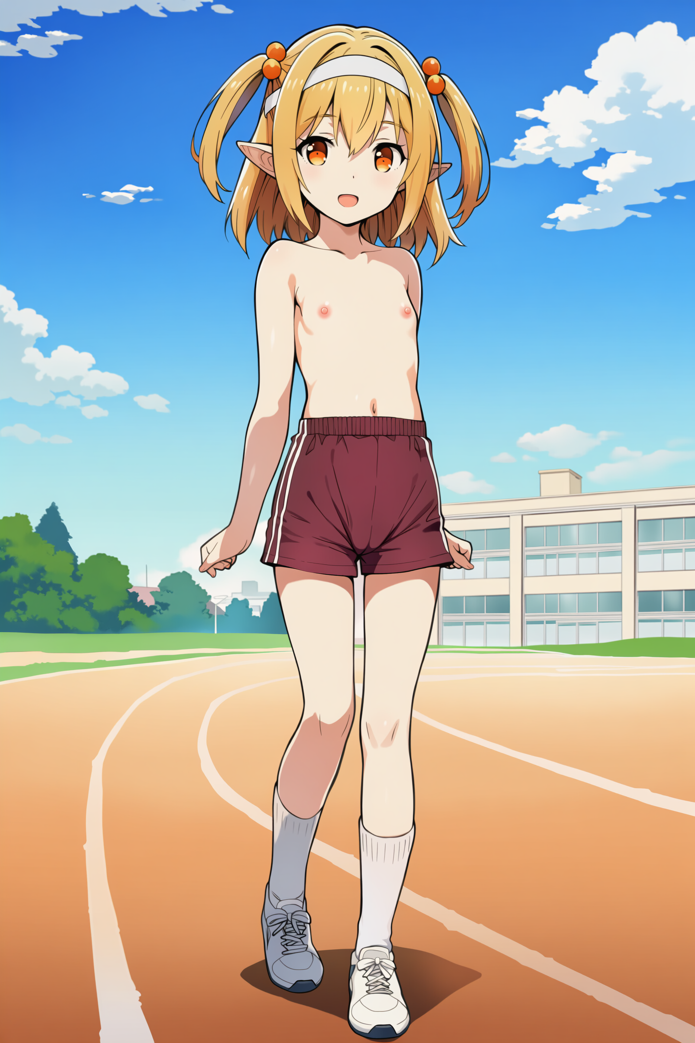 上半身裸+体操着の短パンのエルフさん