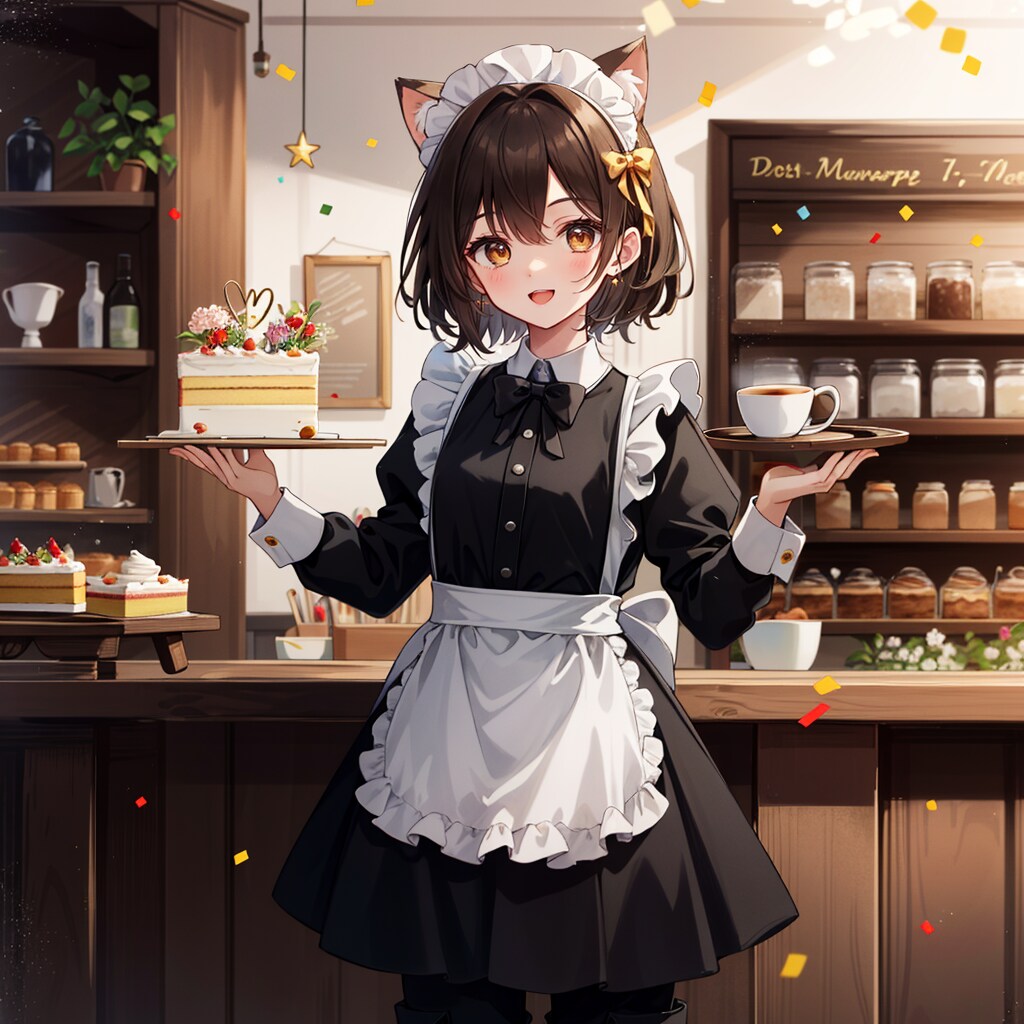 御祝いケーキと珈琲を運ぶ喫茶店で働く猫娘