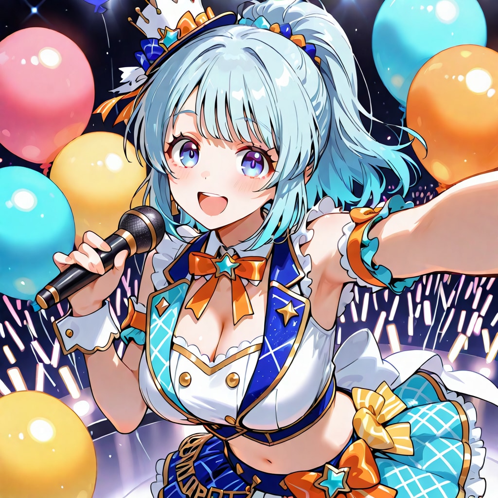 いっぱい色とりどりの風船を持つ水色髪ポニーテールのアイドル衣装着た美少女