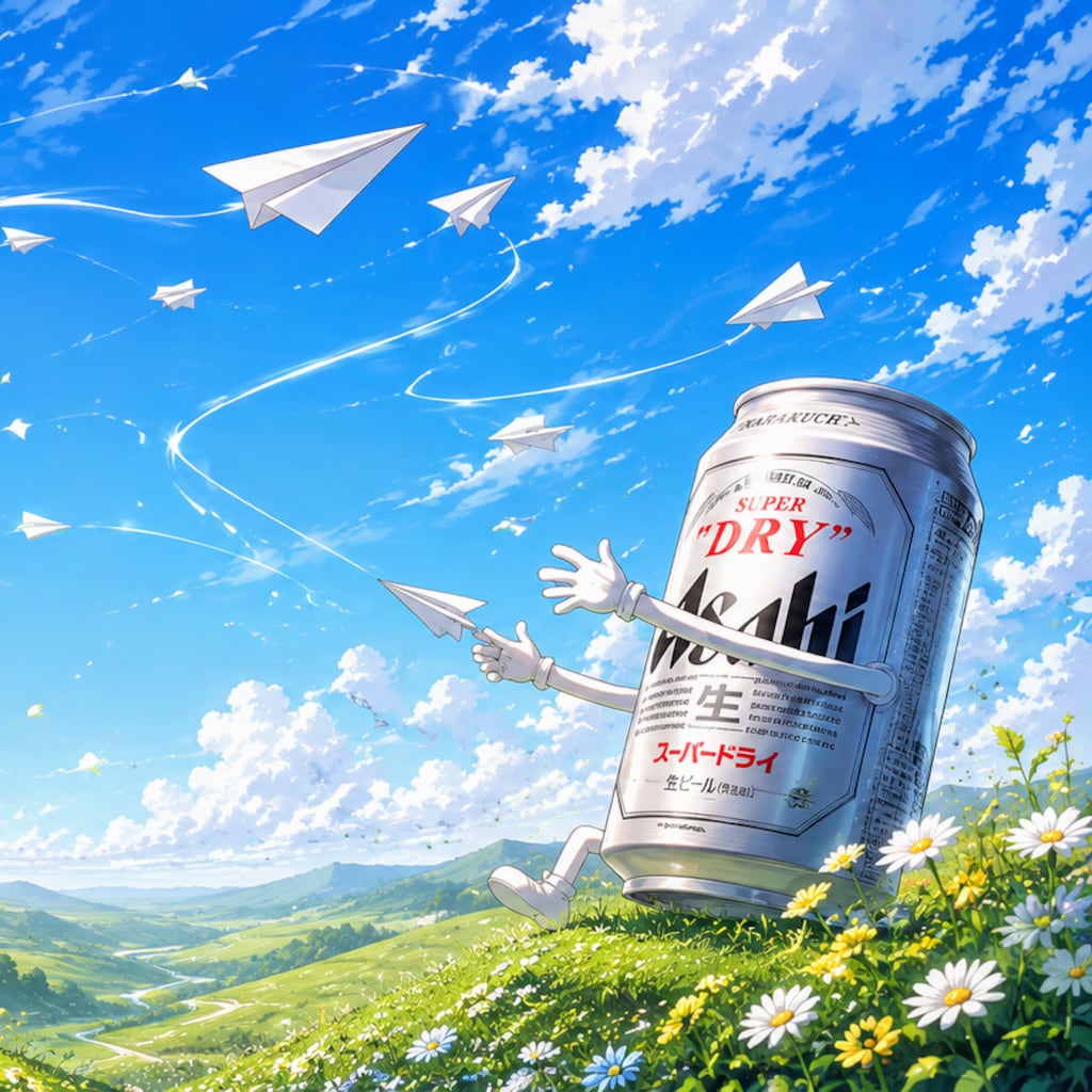紙ヒコーキを受け取るビール缶