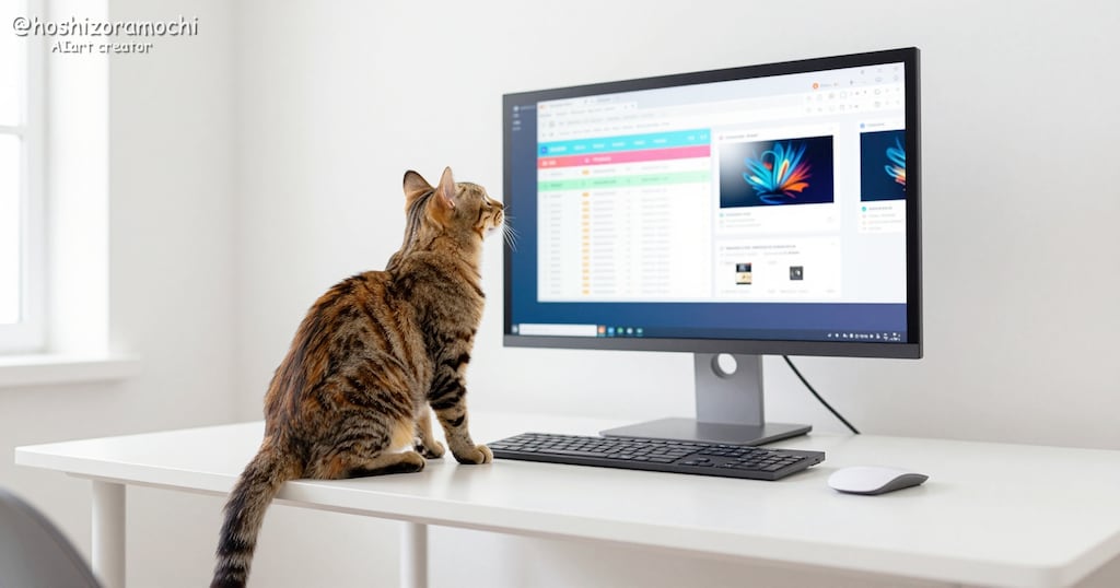 画面の向こうが気になるニャン🐾 デスクでデータ分析中のキジトラ猫