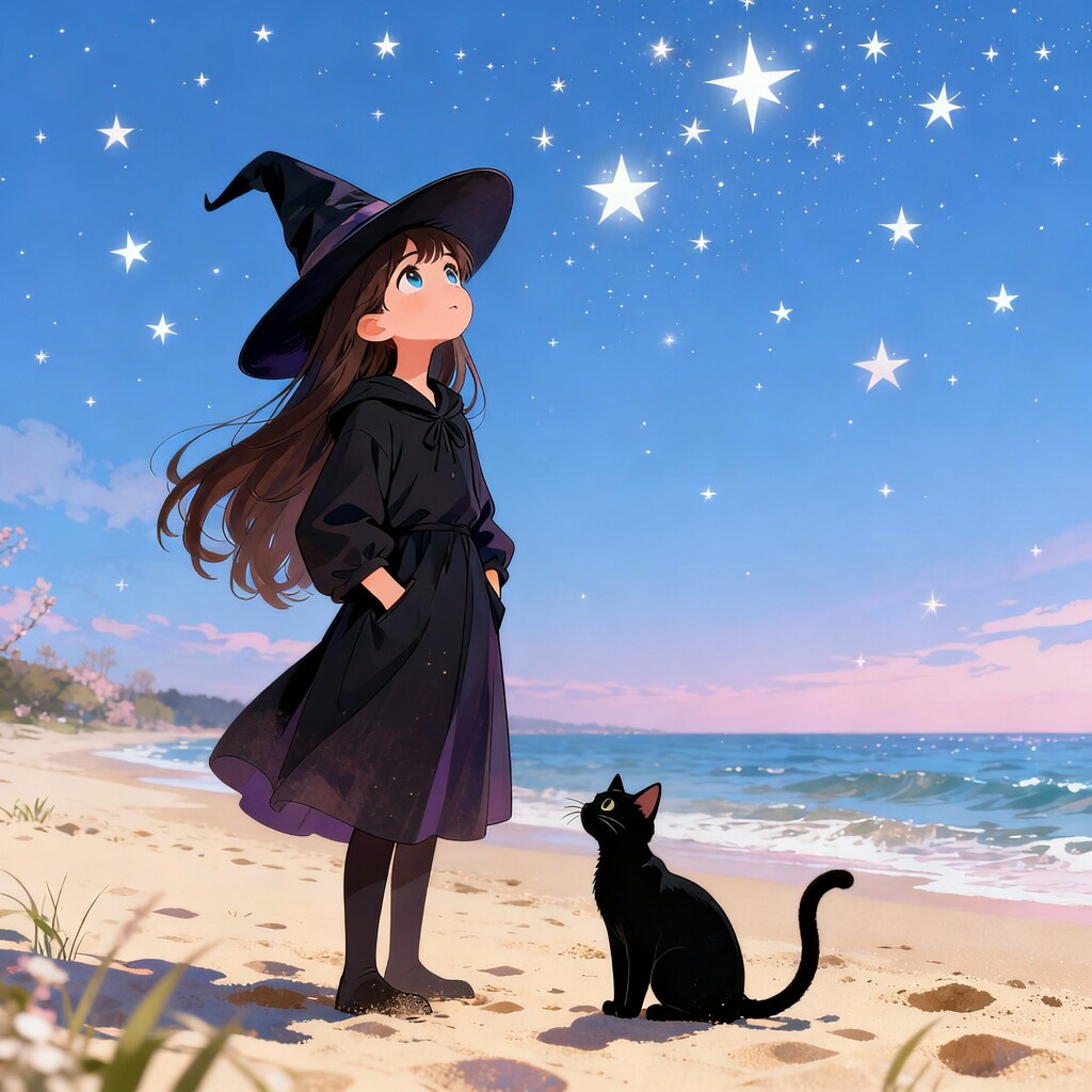 Seedream.砂浜の魔女と星空